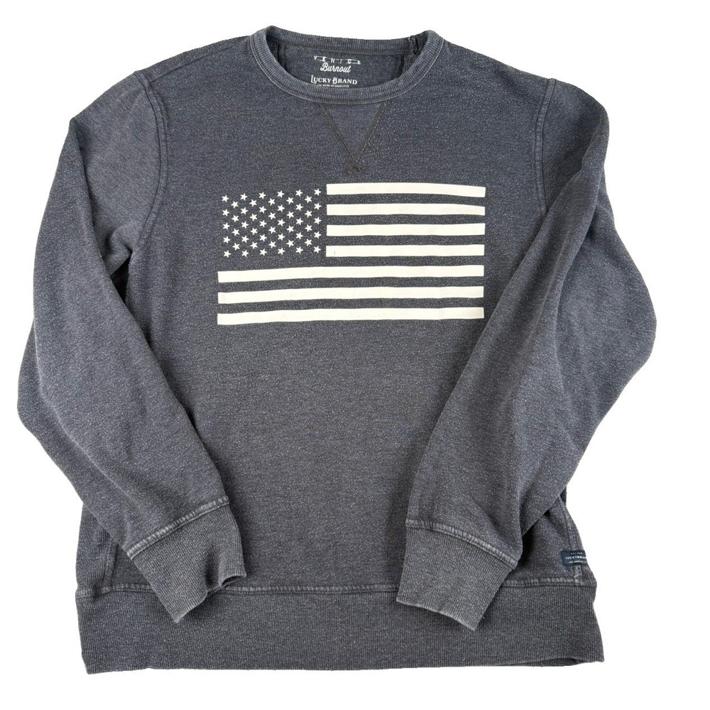 Lucky Brand Venice Burnout Sweatshirt Mens L American Flag Gray Crewneck